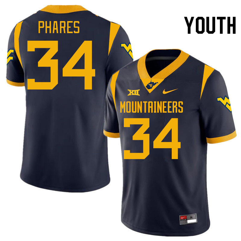 Youth #34 Andrew Phares West Virginia Mountaineers College 2024 New Uniforms Football Jerseys Stitch